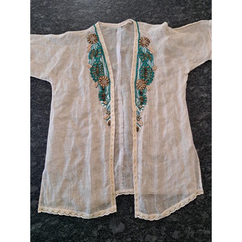 Soft Surroundings Beaded Linen Open Front Kimono Beige Lagenlook